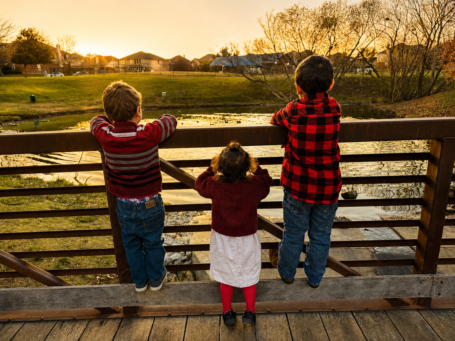 Children watching a sunset from a bridge