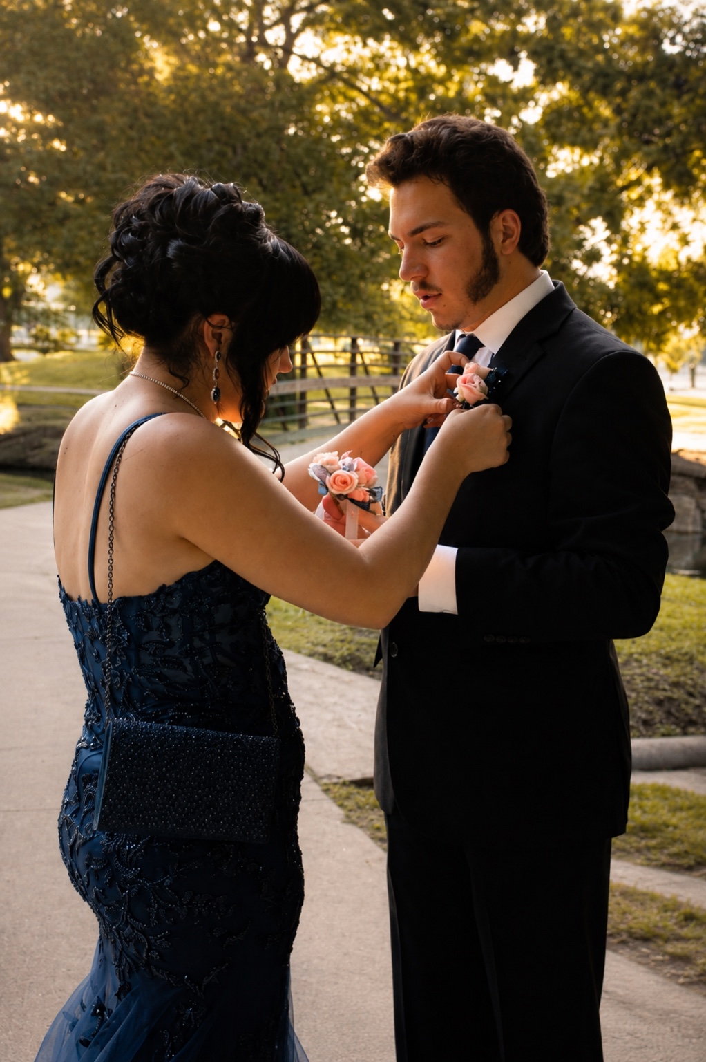 Prom couple in warm sunset light